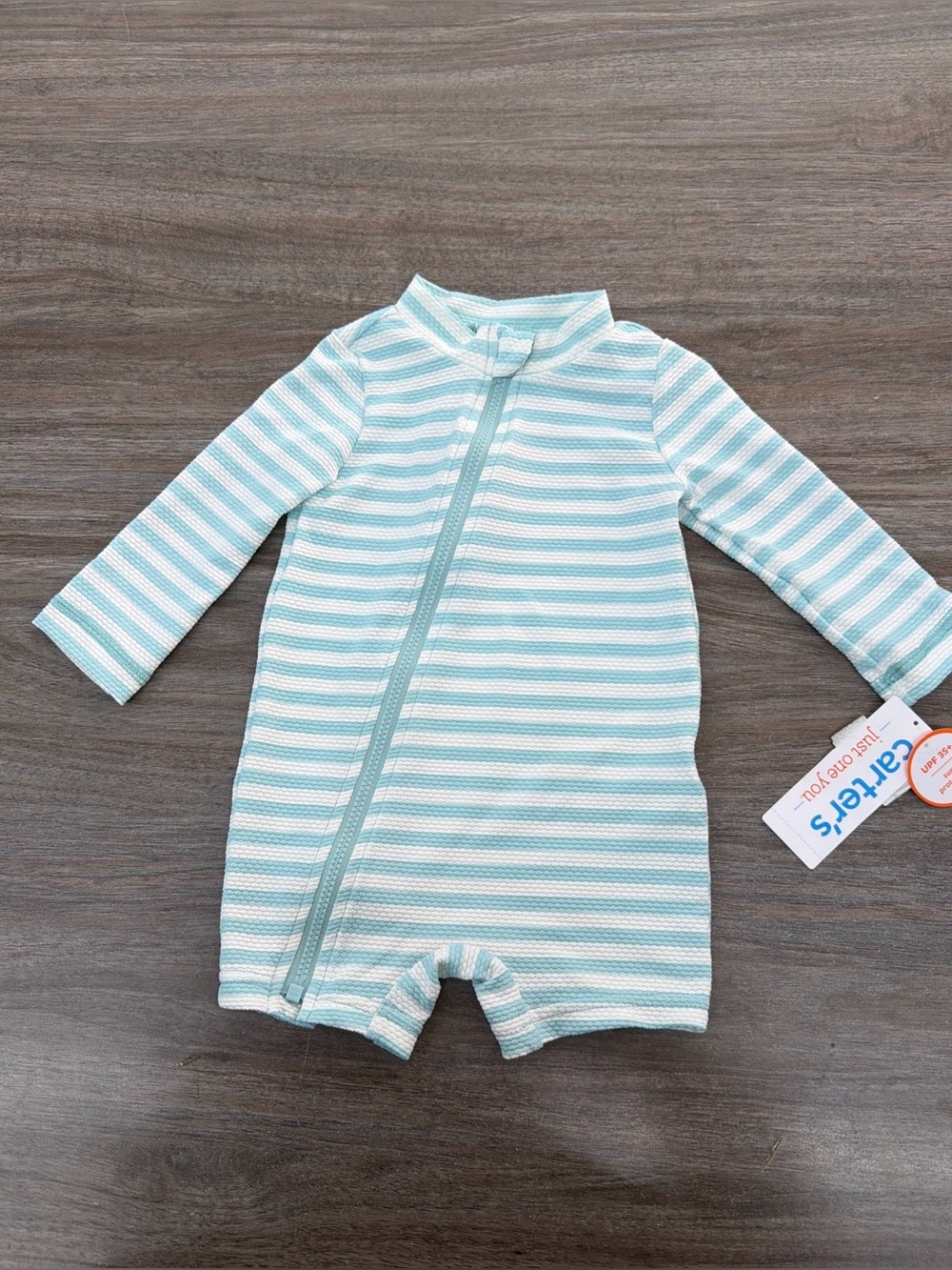 Striped Aqua & White Baby Zippered Romper-6M